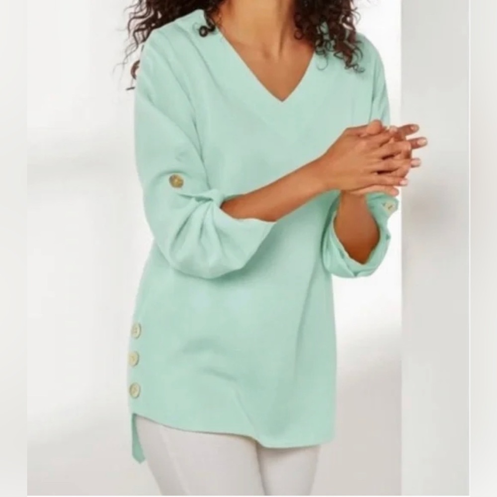 Soft Surroundings Top Sea Foam Green Button Hem Roll Tab Beachy Lagenlook Sz. M